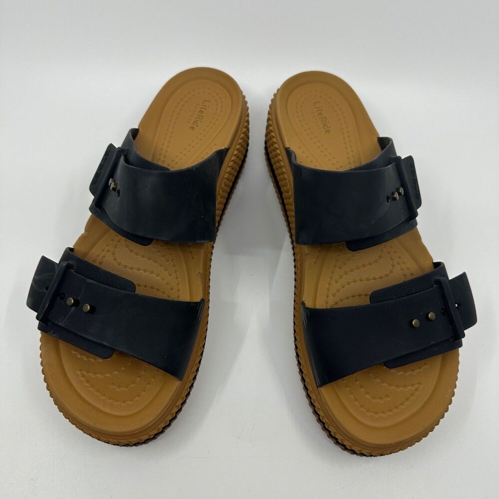 Crocs Brooklyn Buckle Low Wedge Sandals Black Tan Braided Platform Women Sz 8